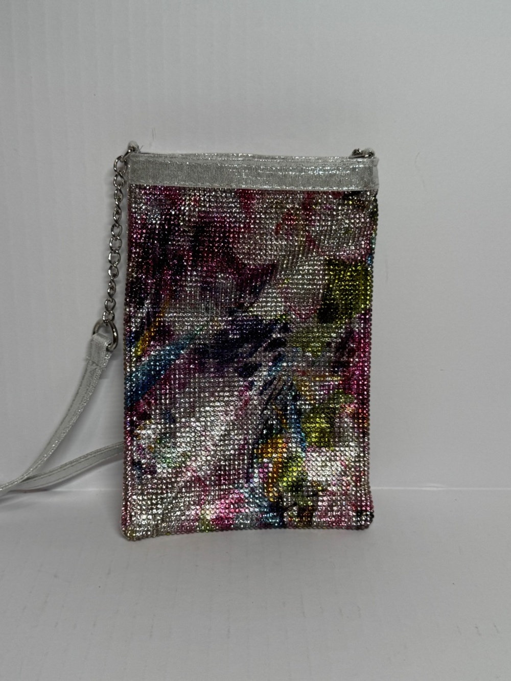 New Rhinestone Floral Silver Reversible Crossbody Phone Bag Purse